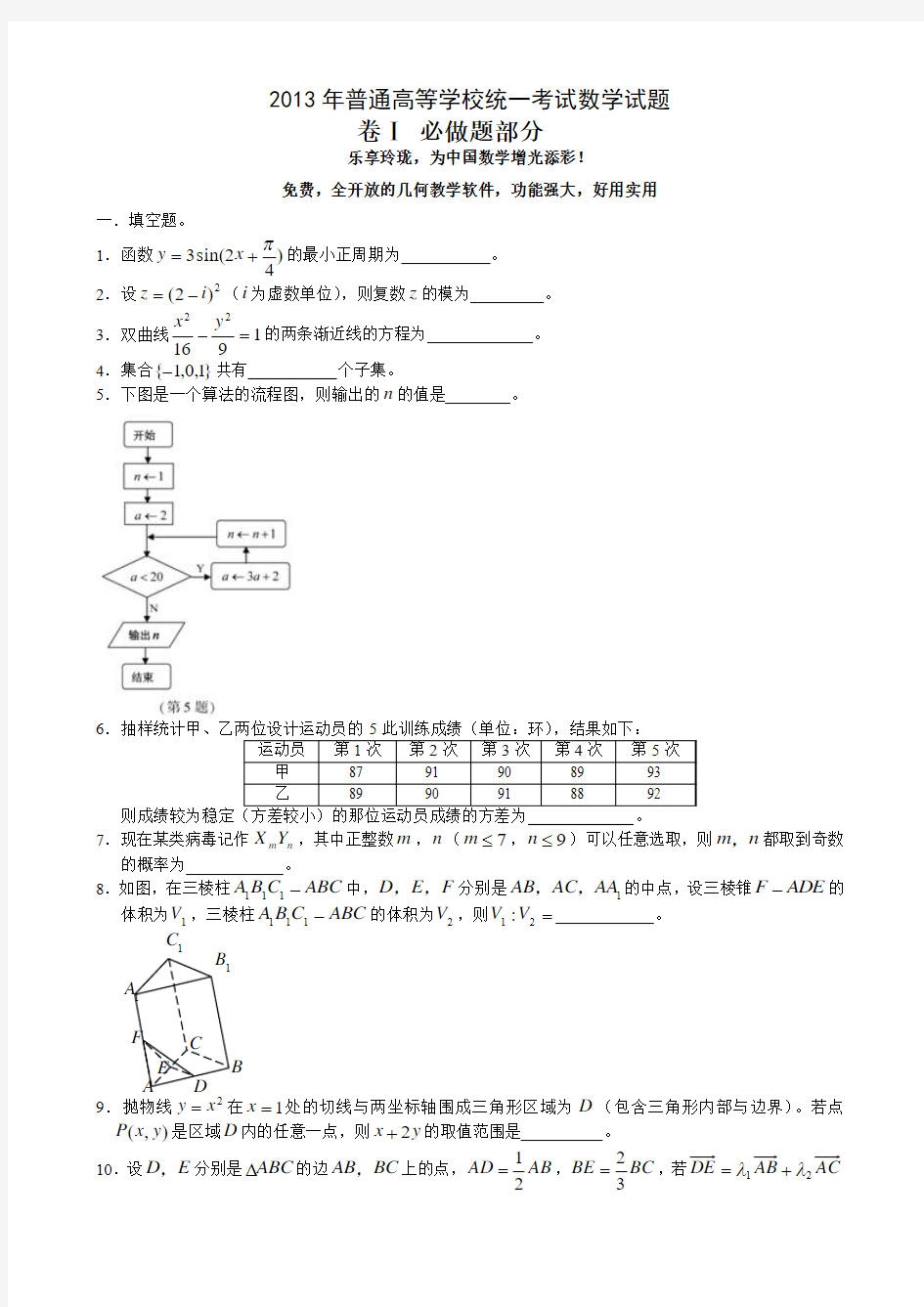 2013江苏高考数学(文理同卷)试题及答案
