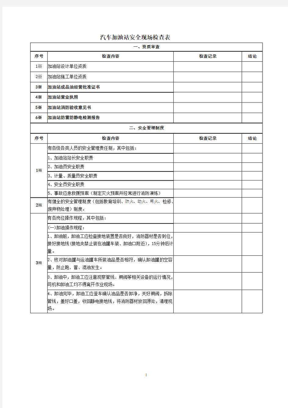 汽车加油站安全现场检查表