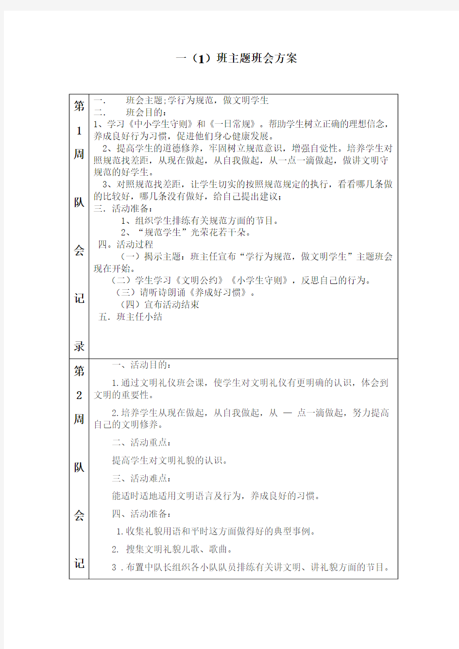 一年级1班主题班会设计方案