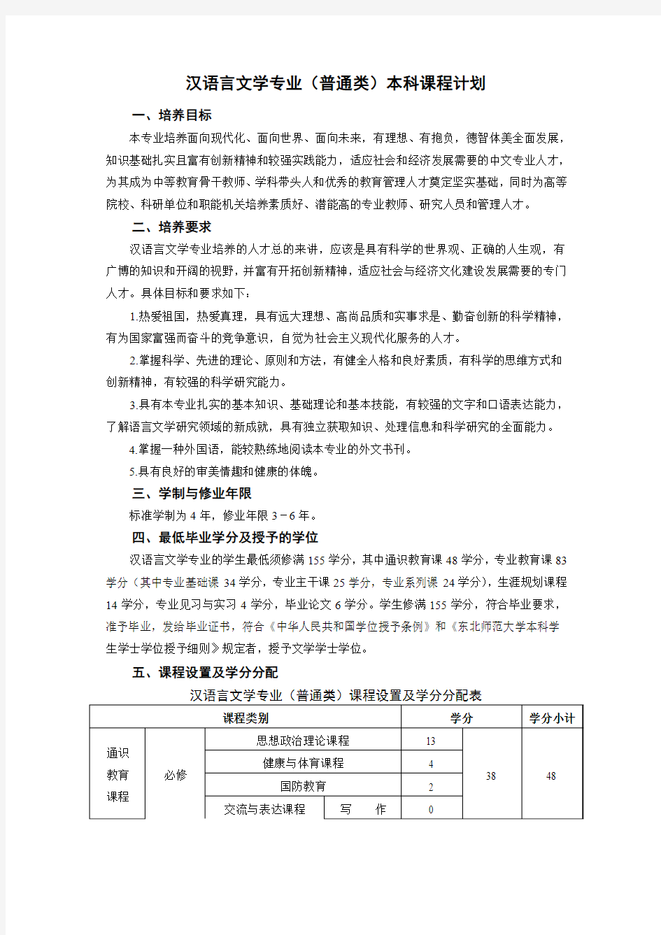 汉语言文学专业(普通类)本科课程计划