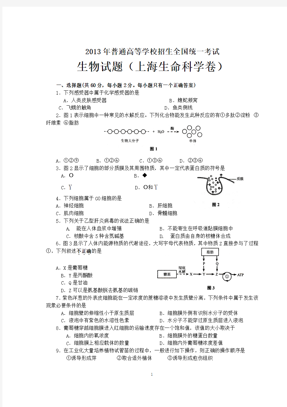 2013年上海高考生命科学试卷(精校含答案)