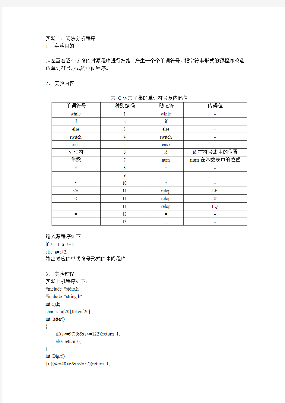 编译原理实验 词法分析&语法分析程序