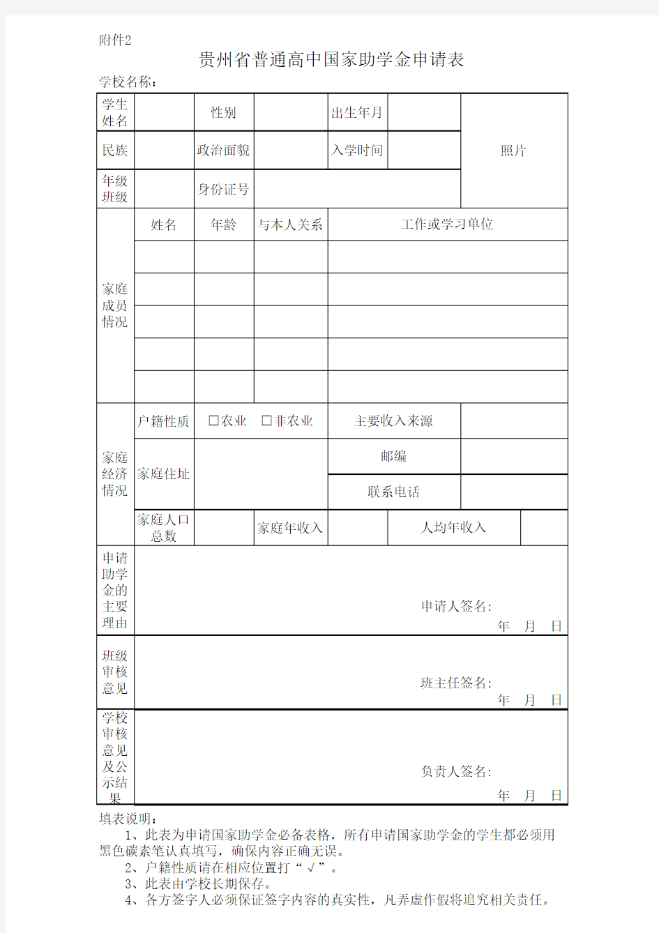 贵州省普通高中国家助学金申请表