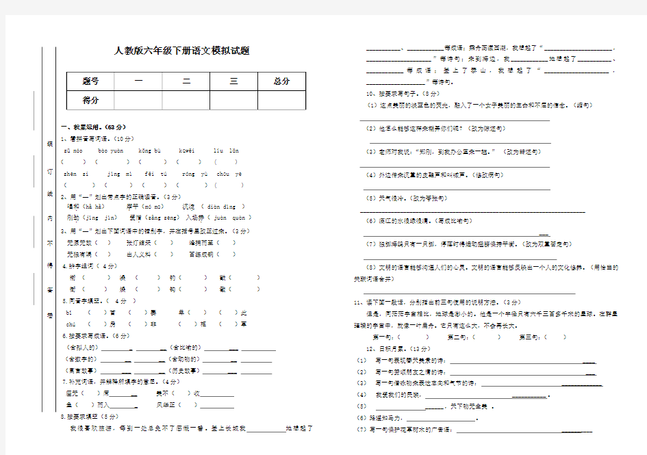 新课标人教版六年级下册语文期末模拟试题