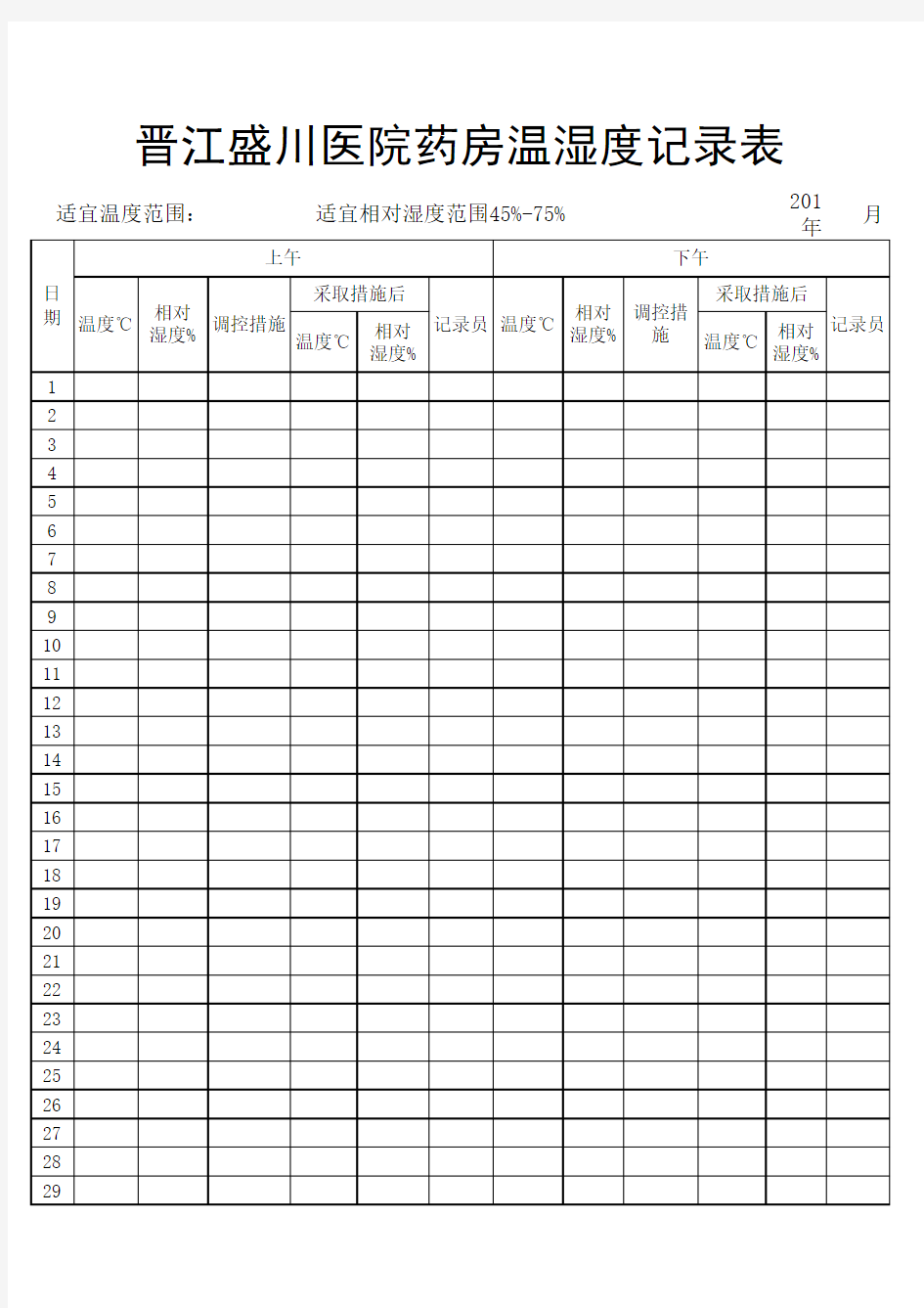 药房冰箱温湿度记录表