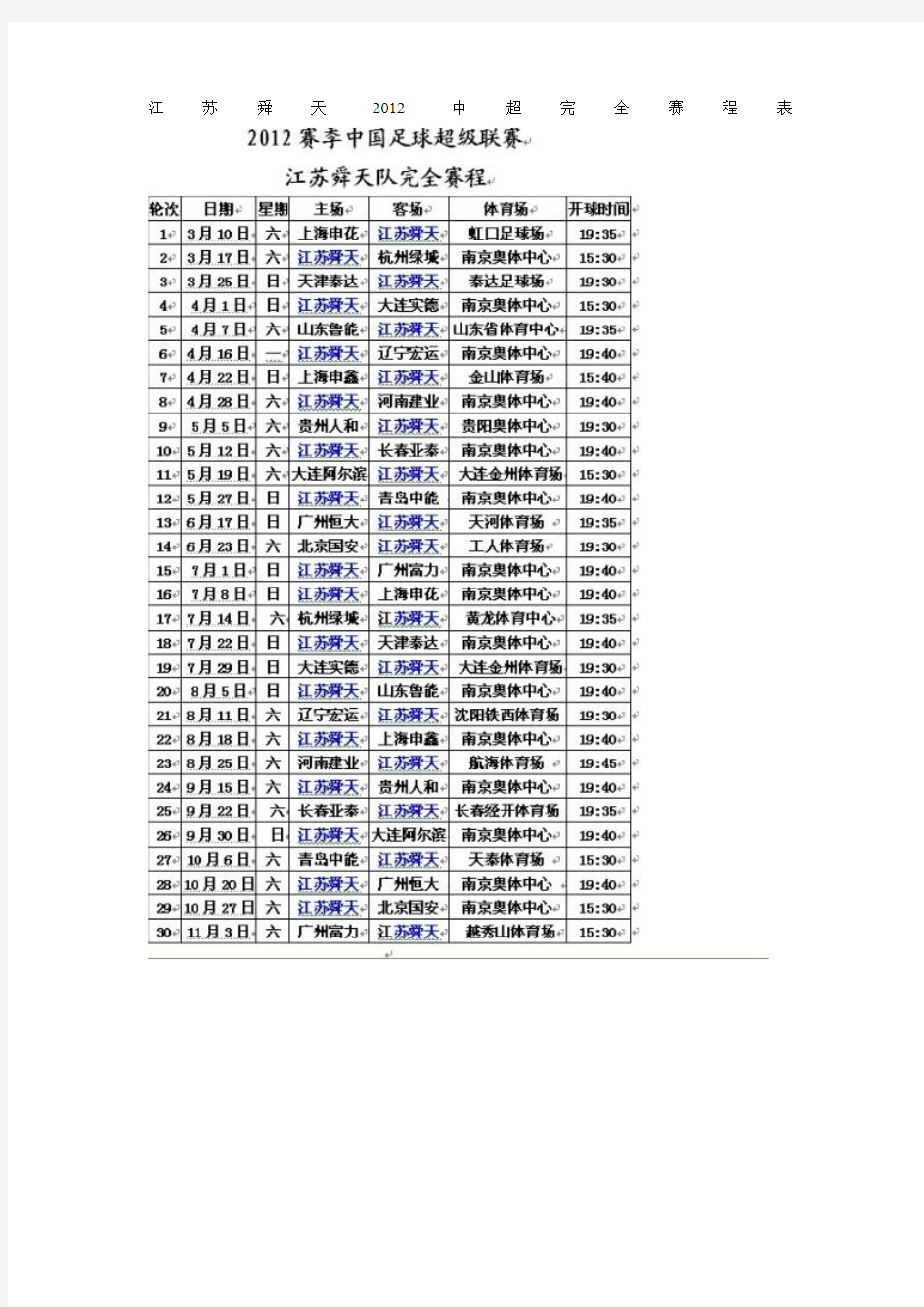 江苏舜天2012中超完全赛程表