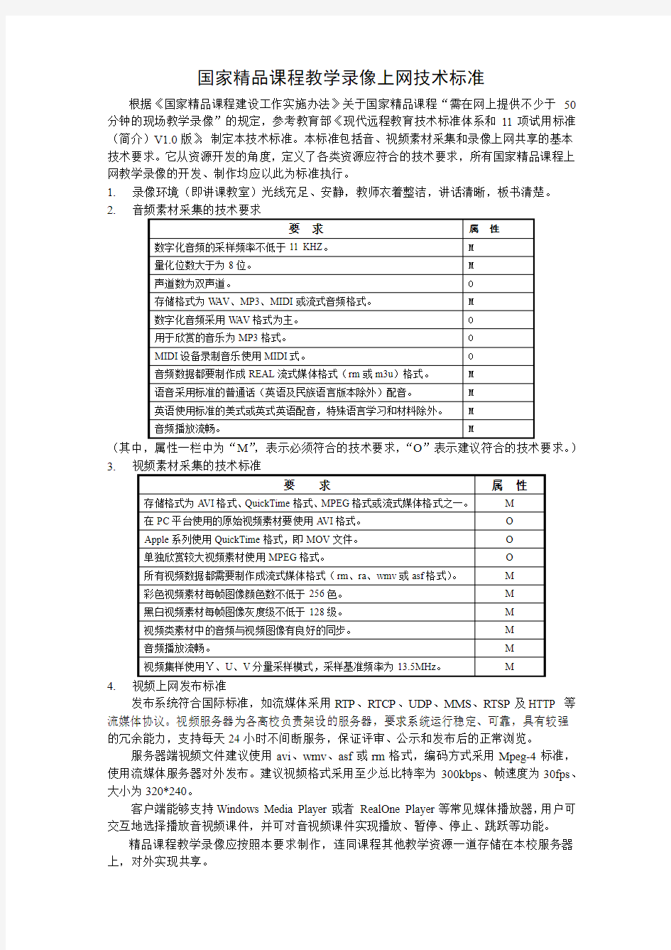 国家精品课程教学录像上网技术标准