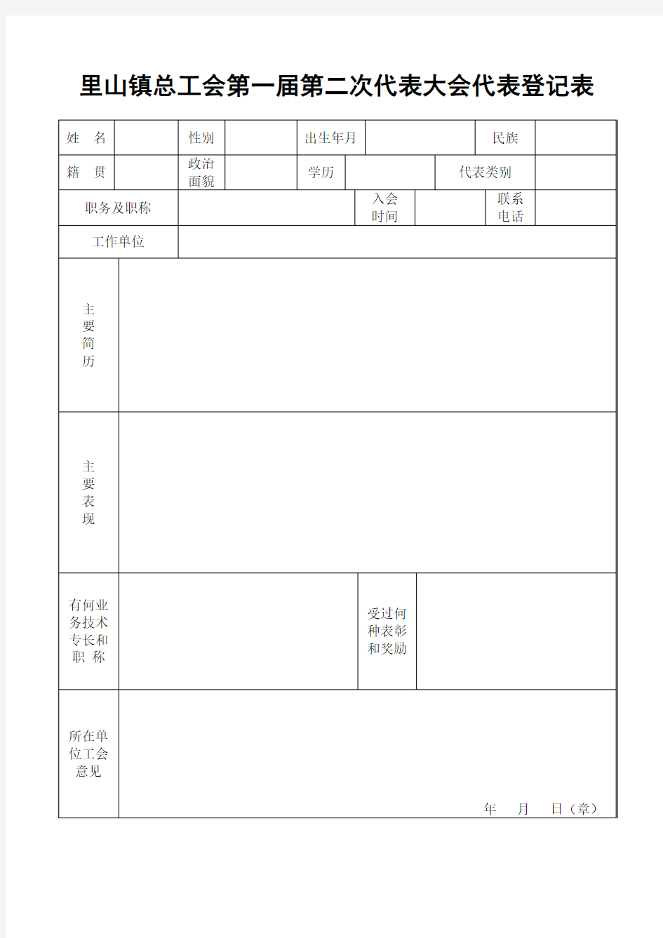 工会代表大会代表登记表