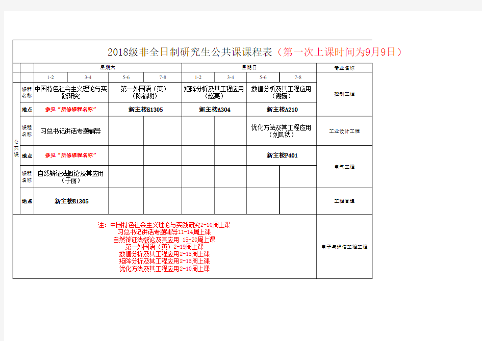 2018级非全日制硕士研究生公共课课程表