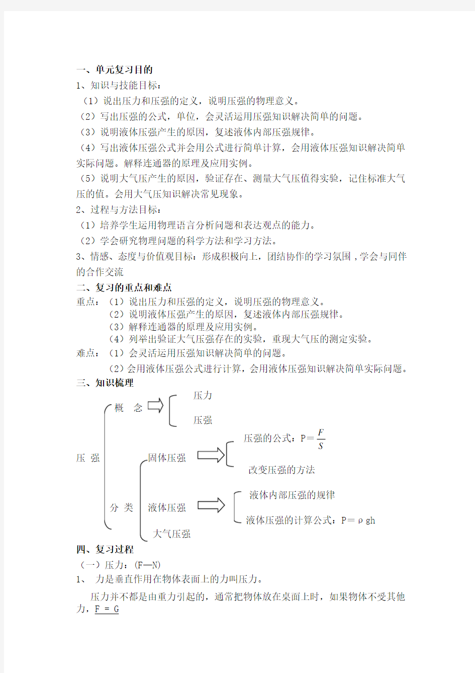 中考物理复习教案：初三压强复习教案