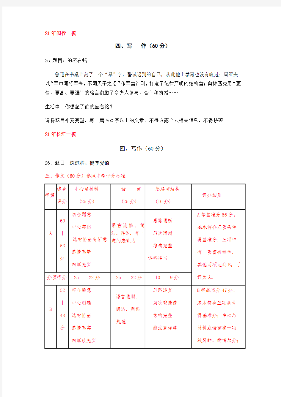 上海市2021年九年级中考一模语文汇编之作文(含答案)