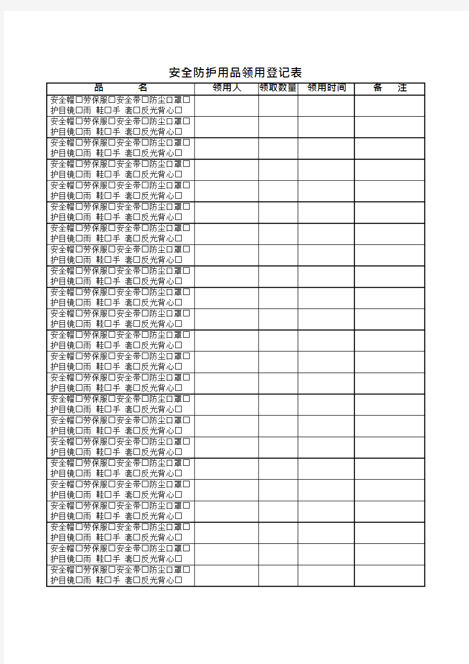 (完整版)安全防护用品领用登记表