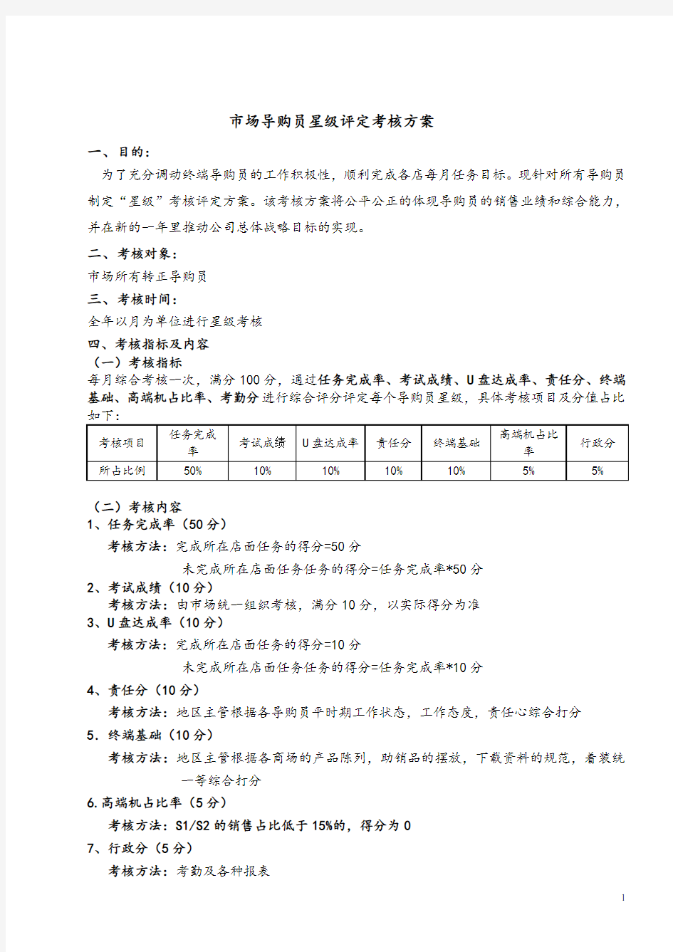 市场导购员星级评定考核方案