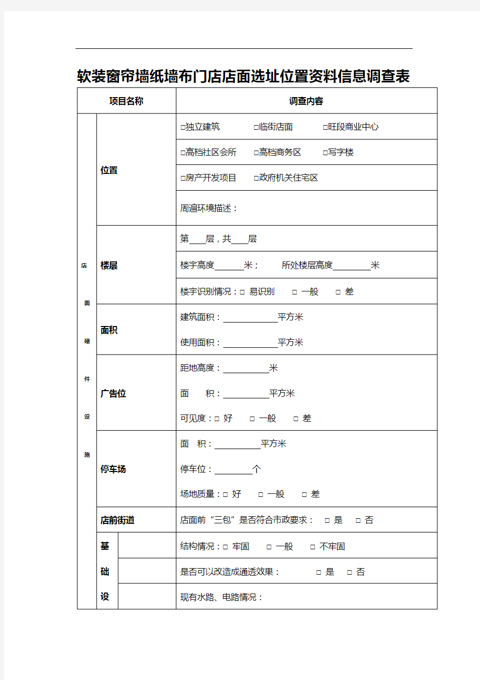 软装窗帘墙纸墙布门店店面选址位置资料信息调查表