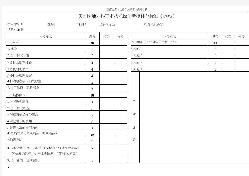 外科基本技能操作考核评分标准