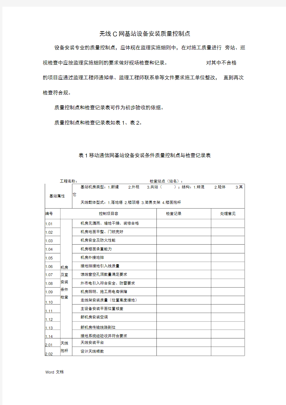 设备安装质量控制点