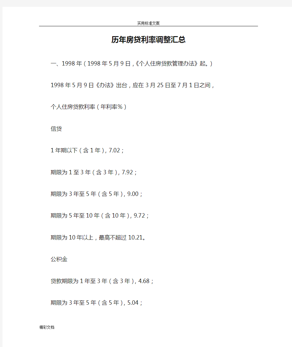 历年房贷利率调整汇总情况