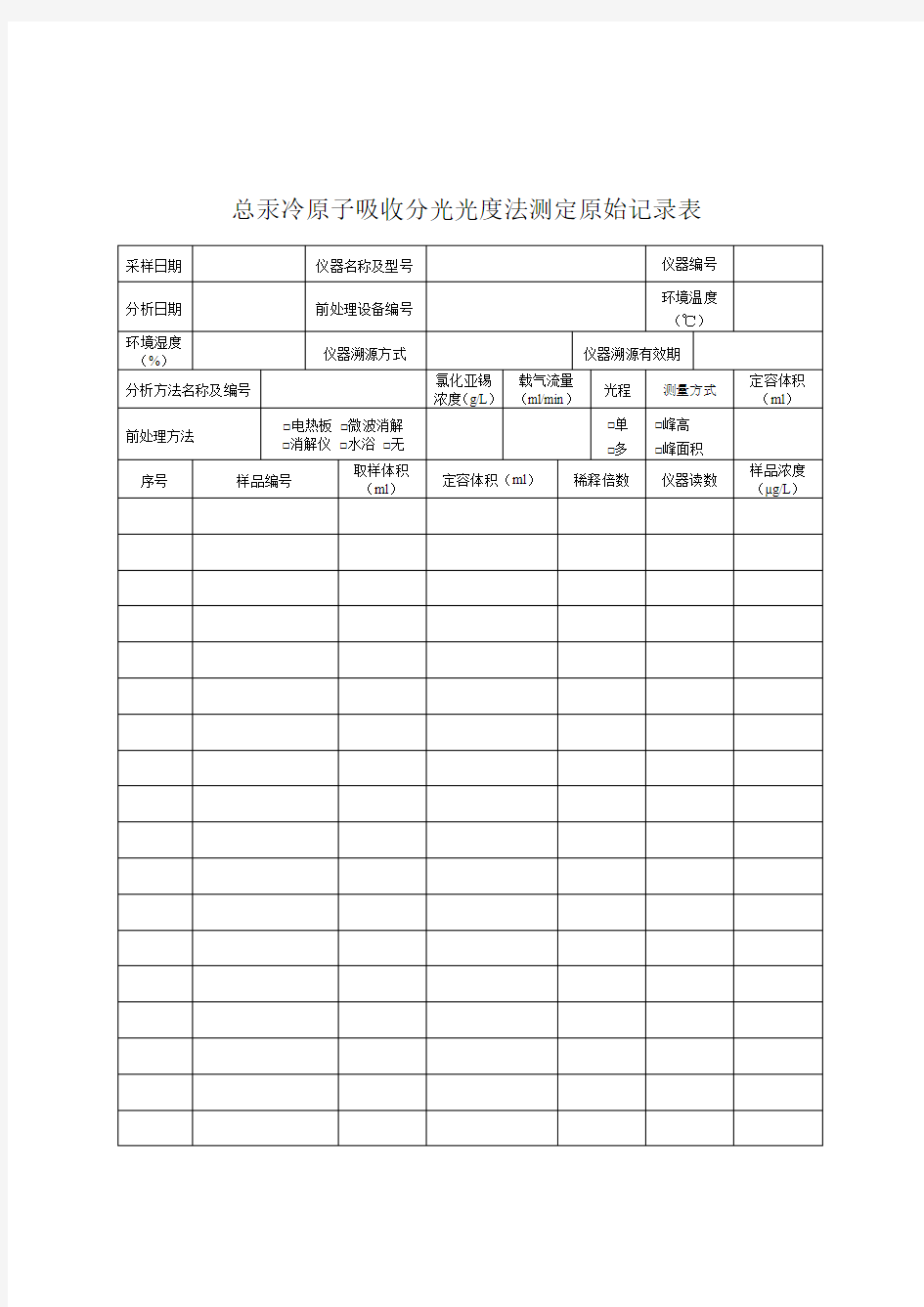 总汞冷原子吸收分光光度法测定原始记录表