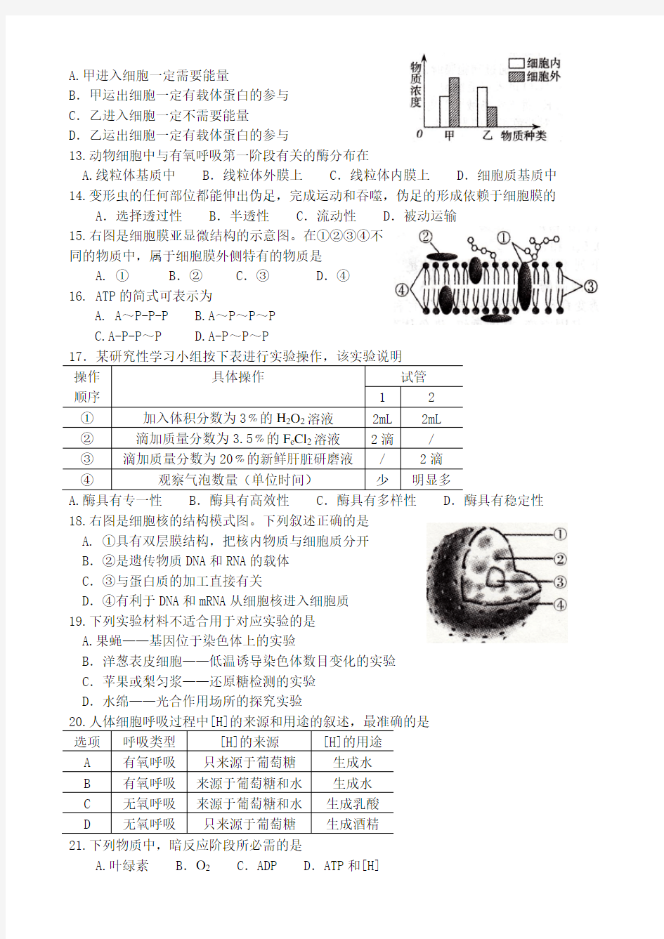 河北省普通高中学业水平考试生物试卷