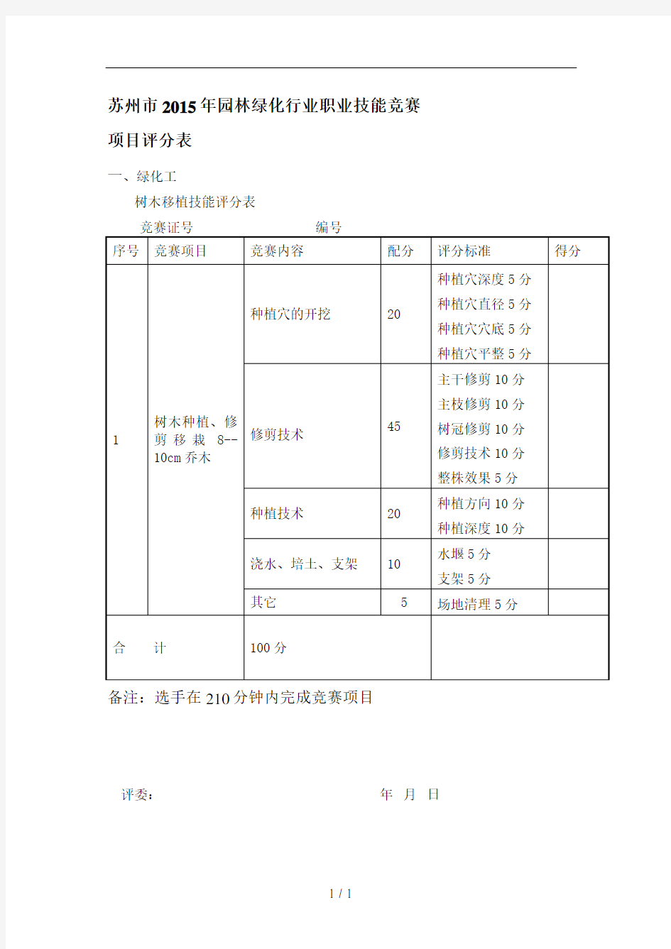 职业技能竞赛评分表