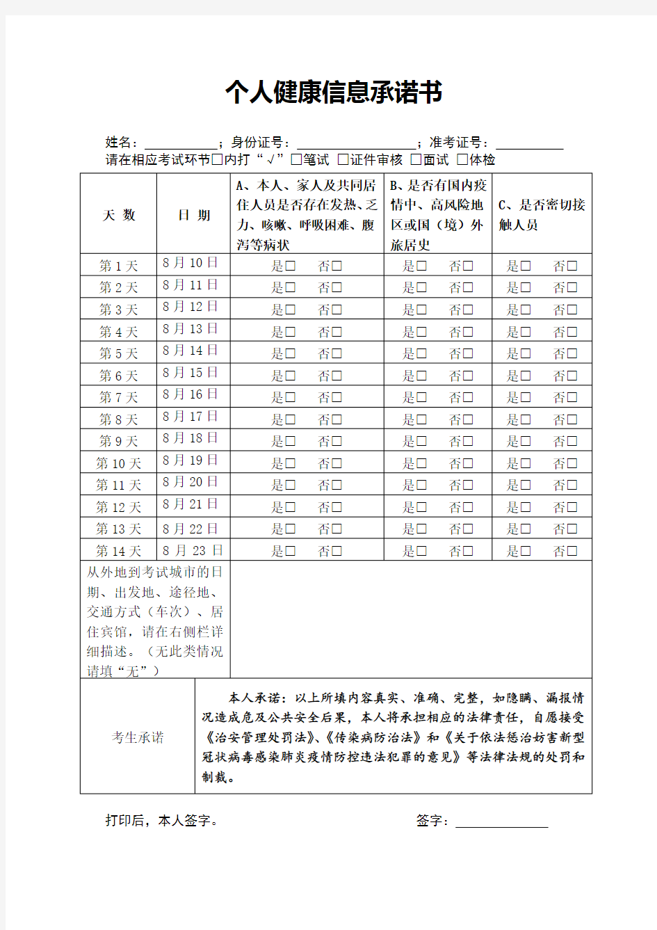 个人健康信息承诺书