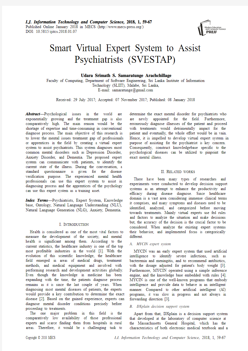 辅助精神病专家(SVESTAP)的智能虚拟专家系统(IJITCS-V10-N1-7)