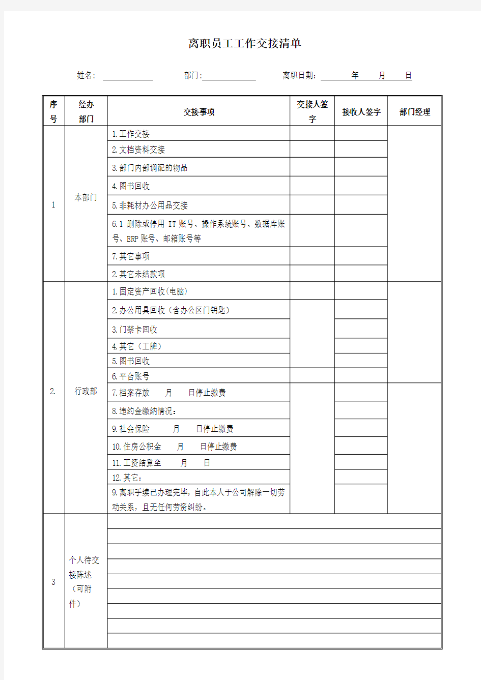 离职员工工作交接清单2021版