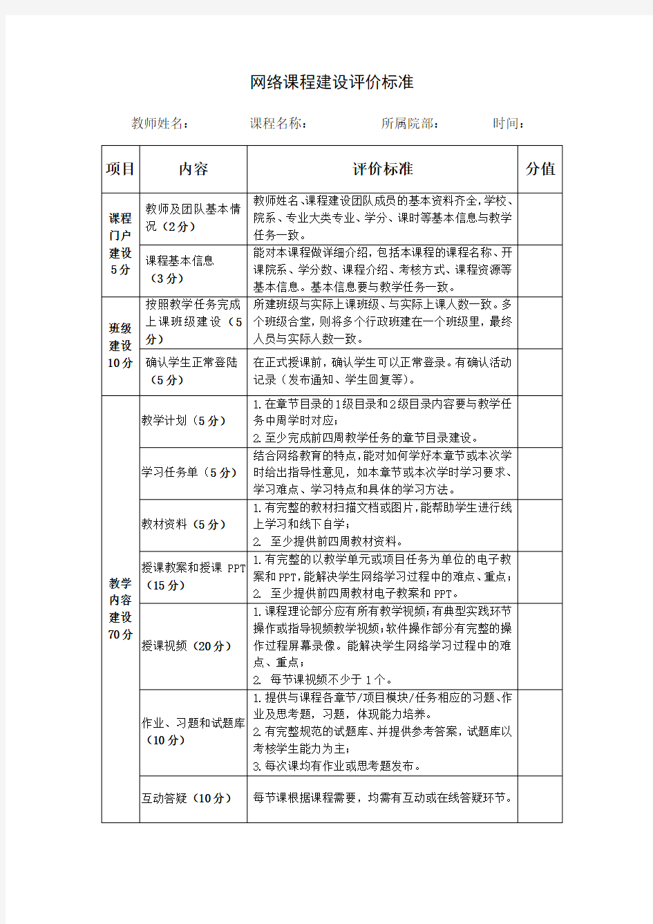 网络课程建设评价标准