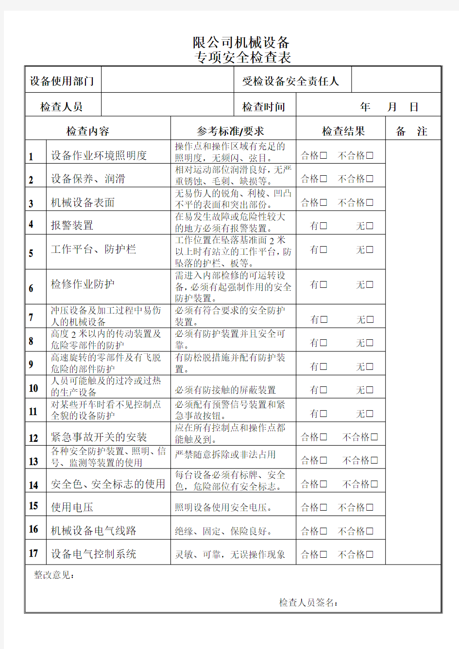 设备安全专项检查表