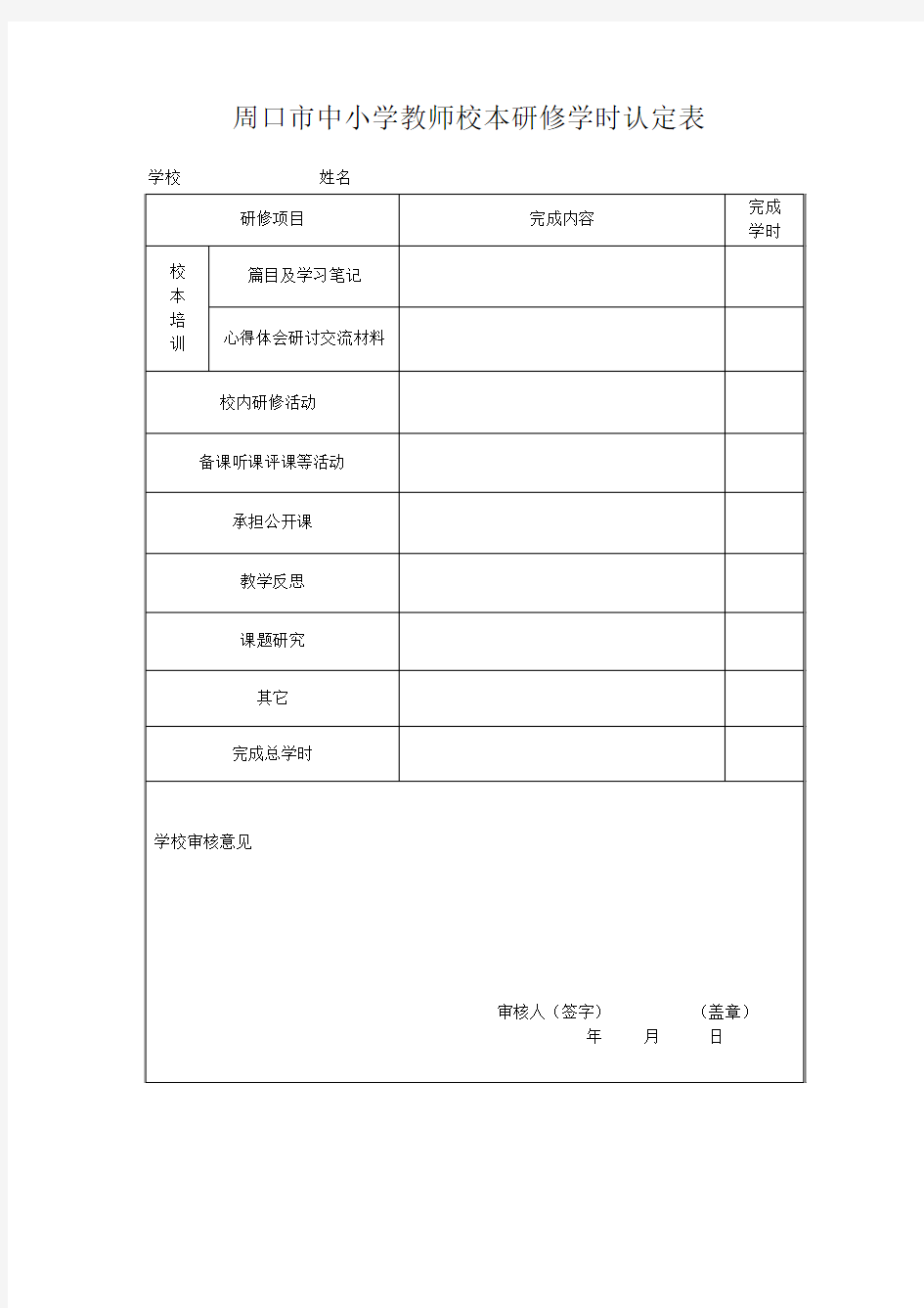 2017校本研修学时认定表