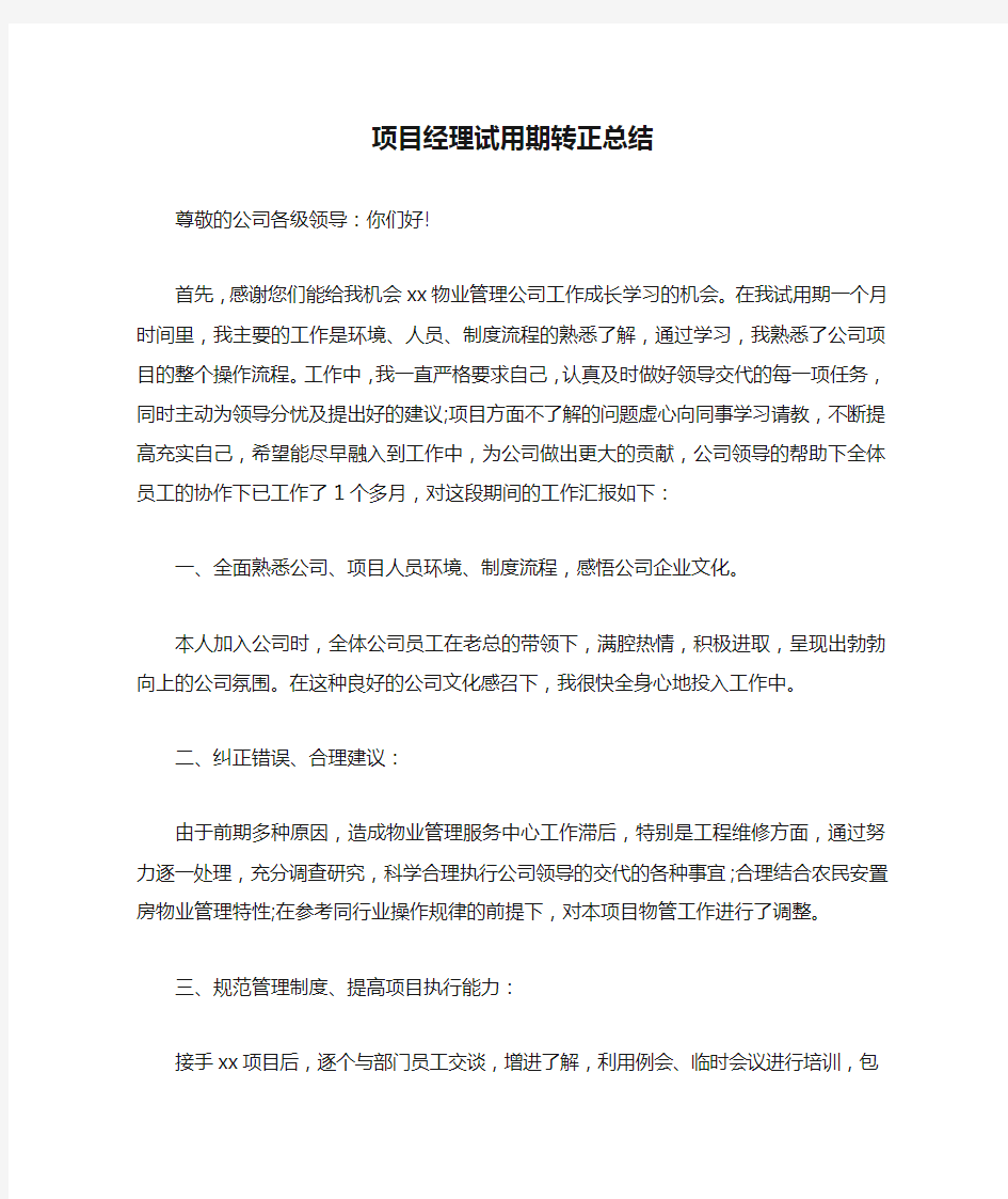 项目经理试用期转正总结