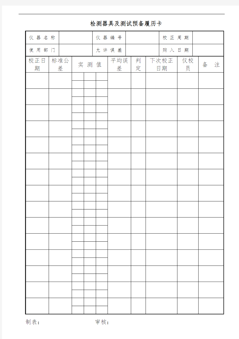 检测器具及测试准备履历卡