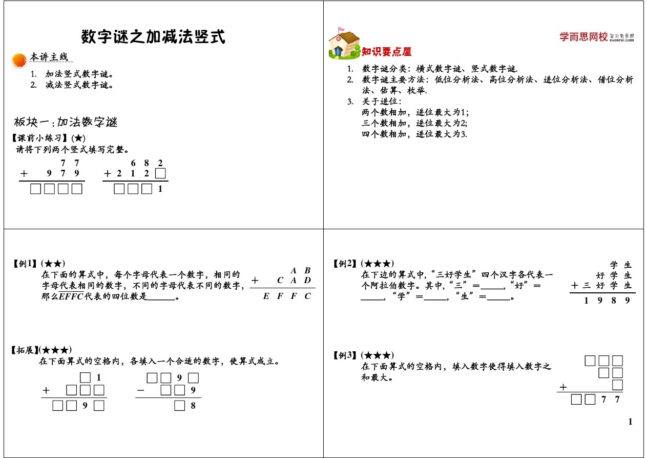 数字谜之加减法竖式