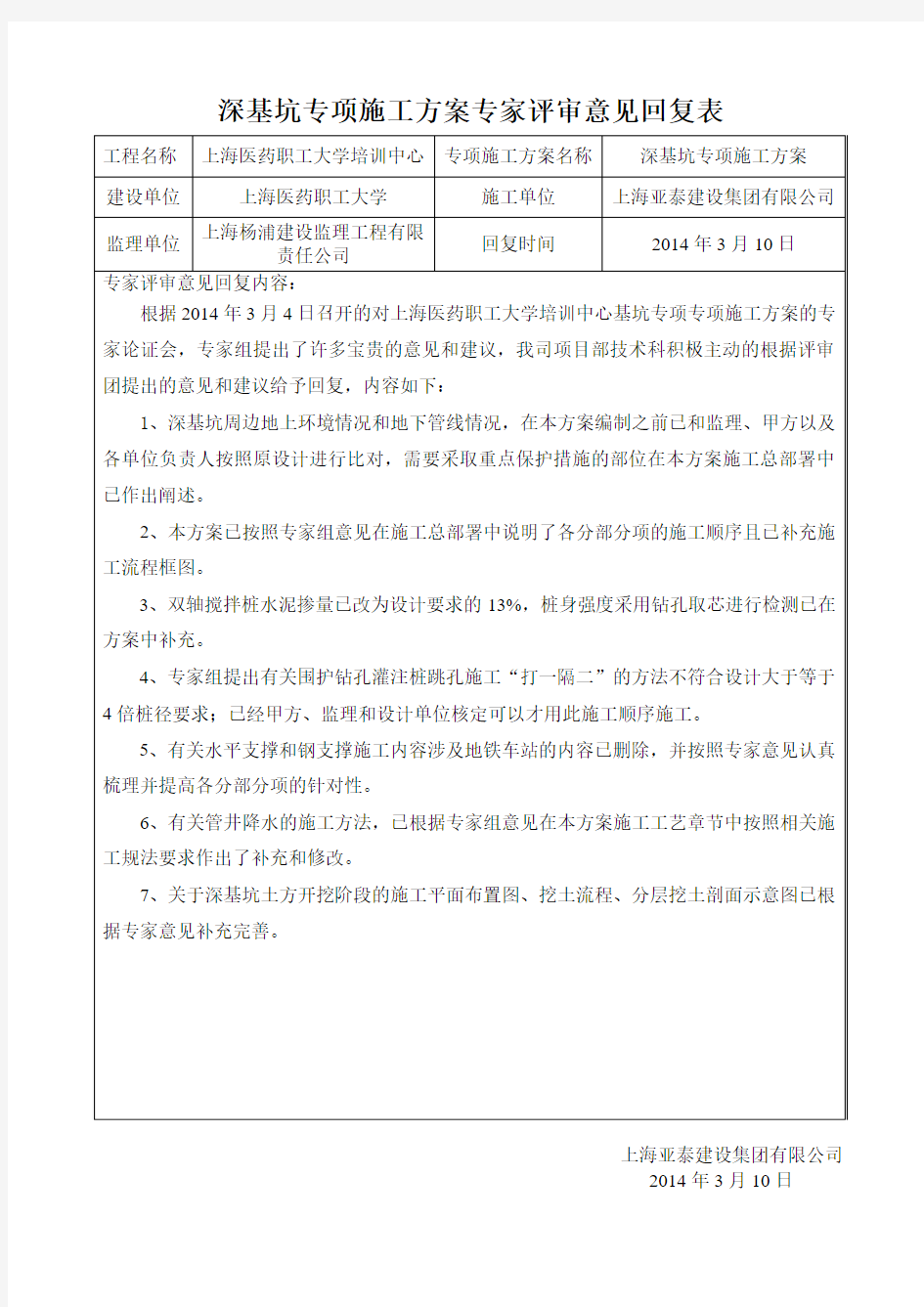 深基坑专项施工方案专家评审意见回复表