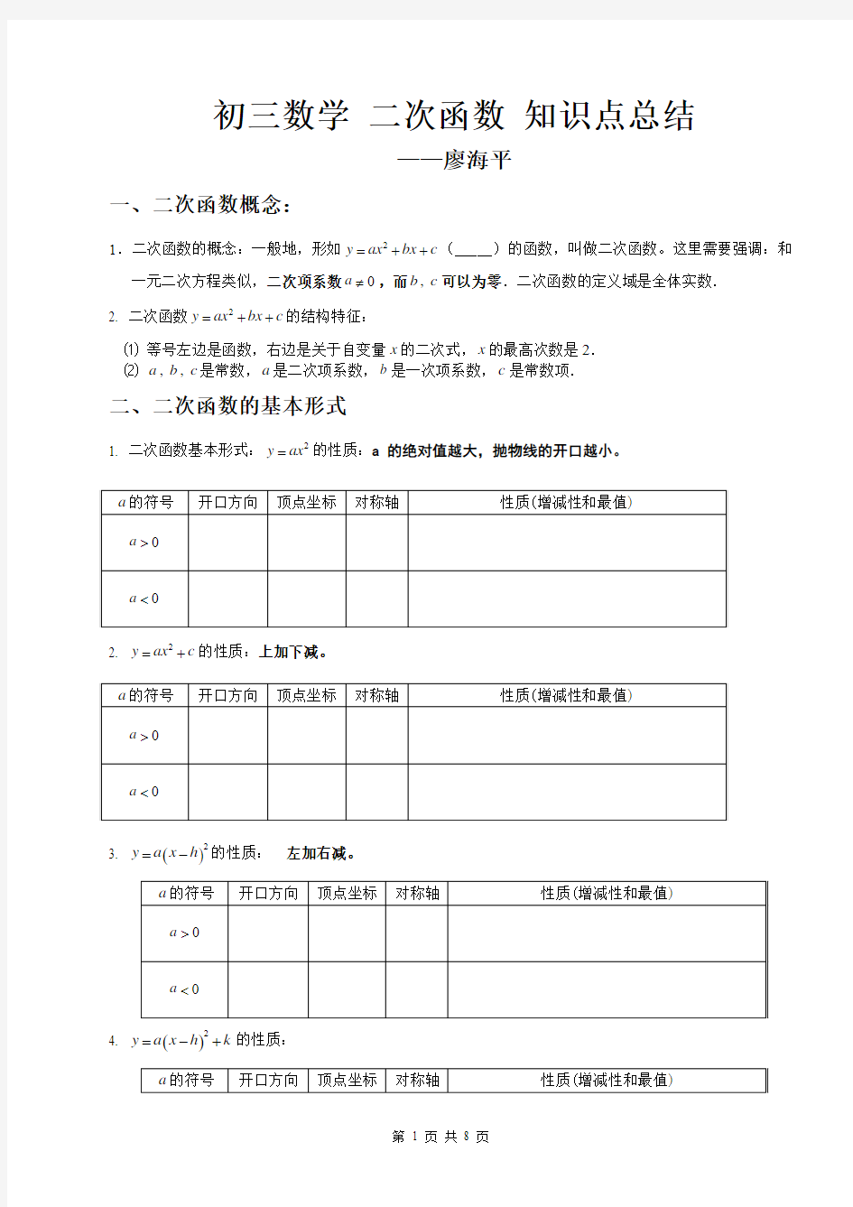 初三数学二次函数知识点总结与习题