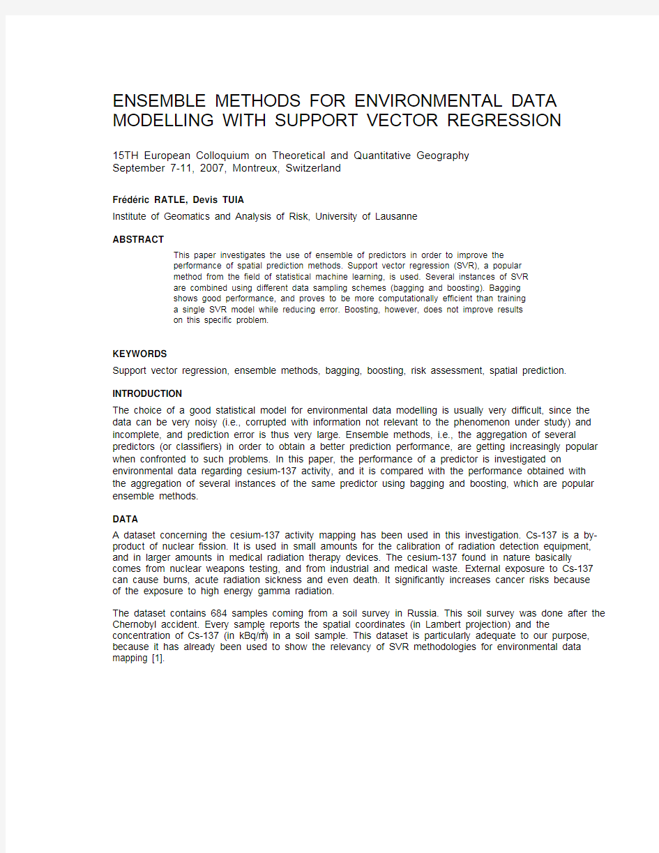 ENSEMBLE METHODS FOR ENVIRONMENTAL DATA MODELLING WITH SUPPORT VECTOR REGRESSION 15TH Europ