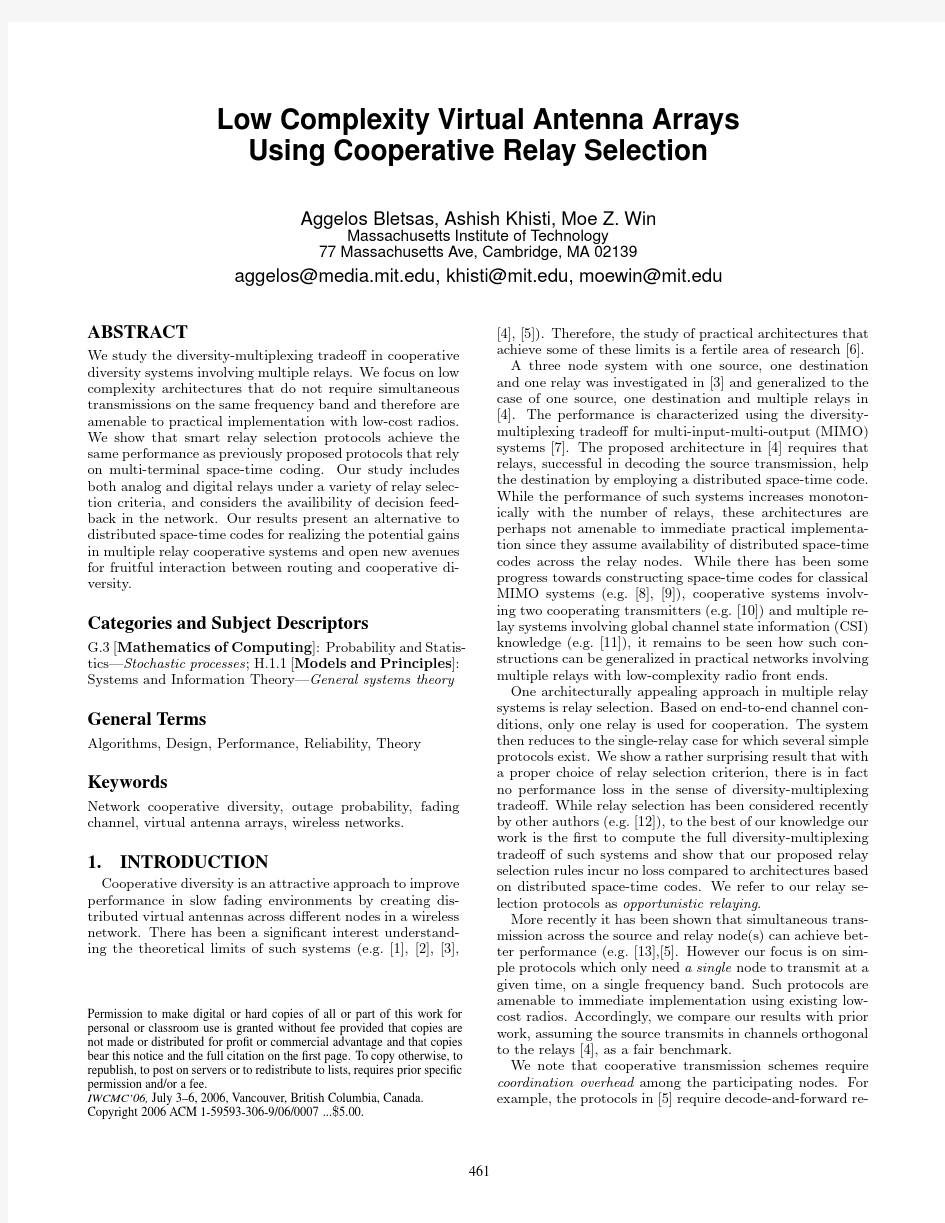 ABSTRACT Low Complexity Virtual Antenna Arrays Using Cooperative Relay Selection