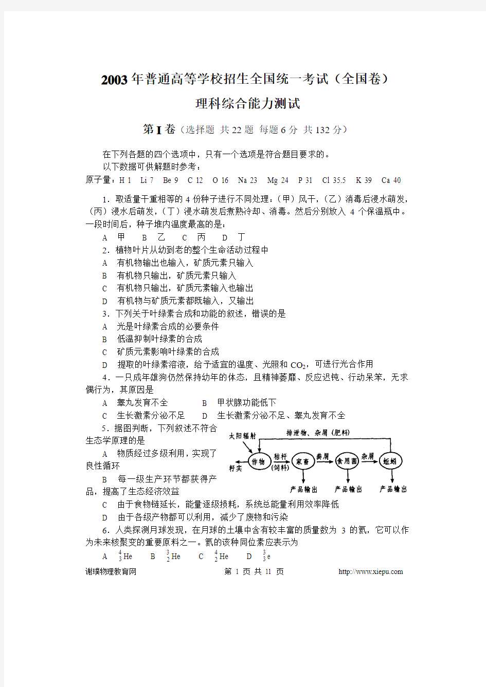 2003年高考理科综合卷(全国卷)