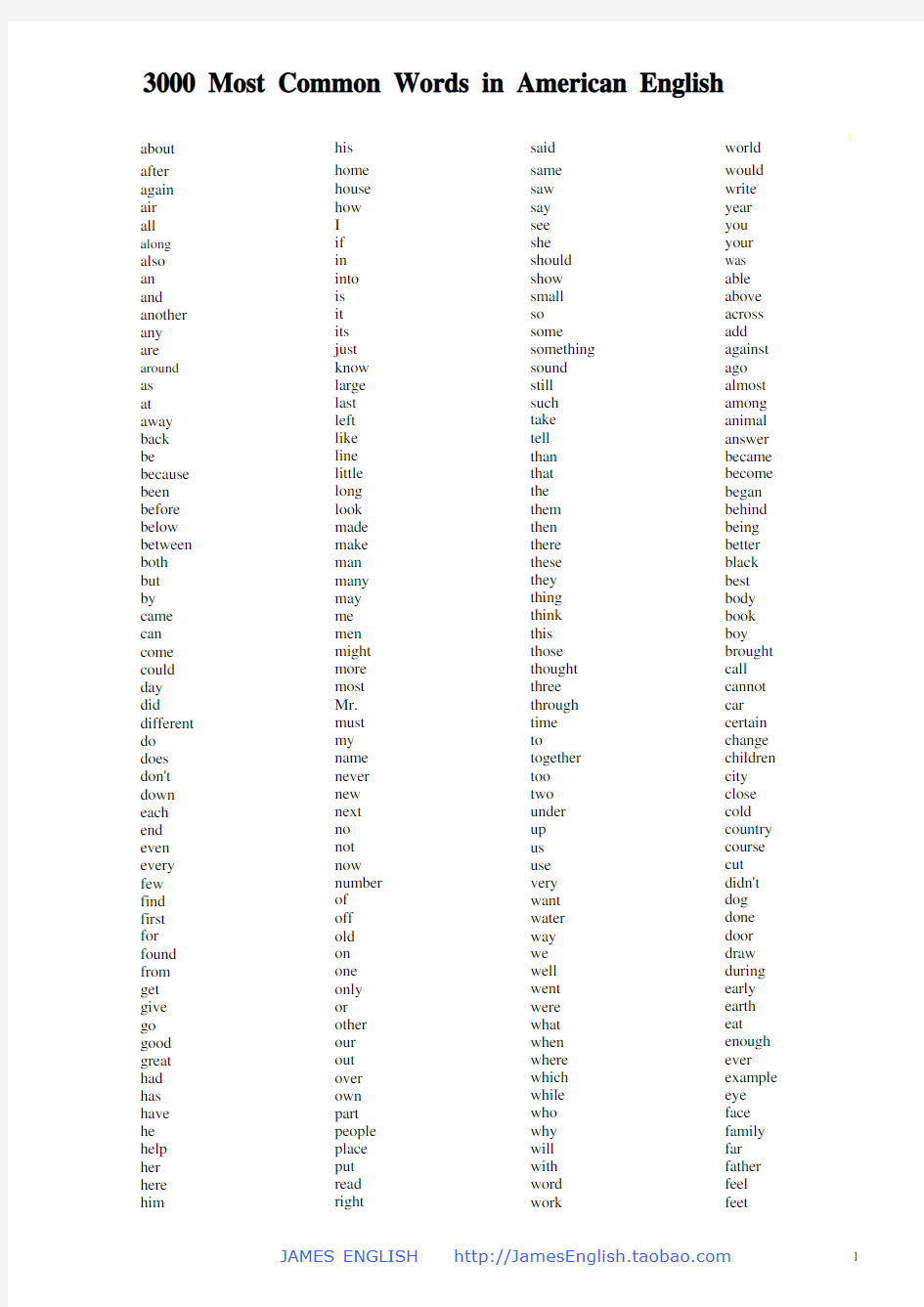 3000 Most Common Words in American English