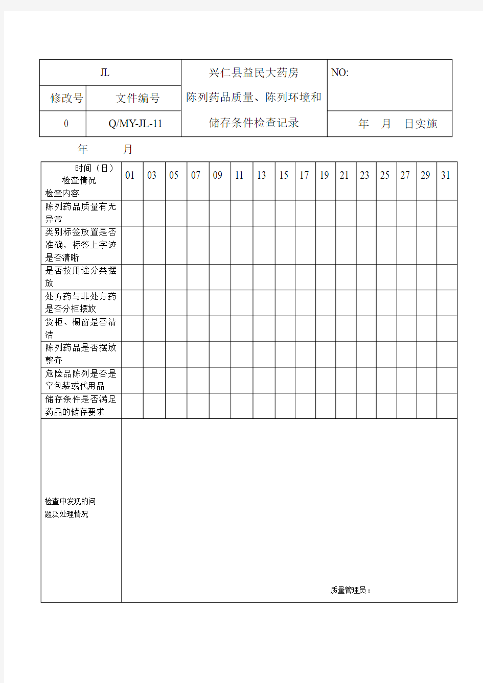 陈列药品质量、陈列环境和储存条件记录表