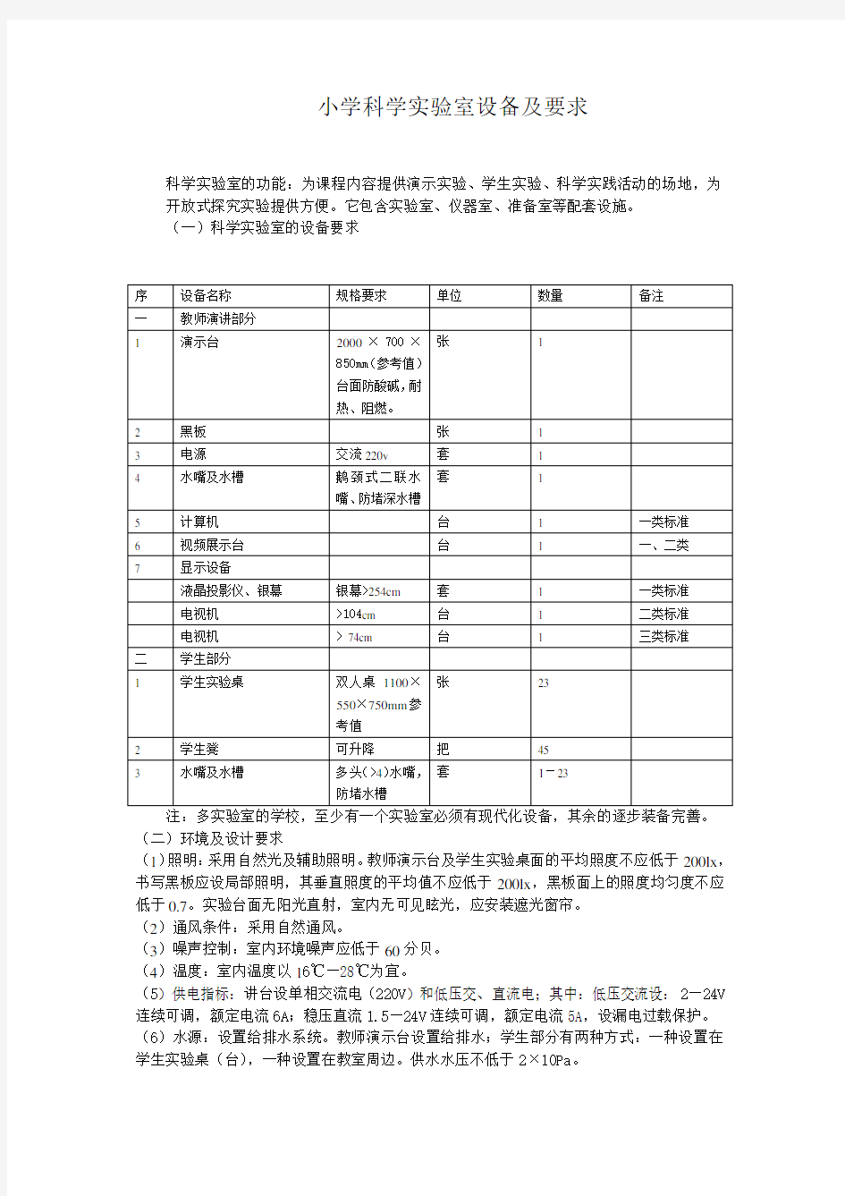 小学科学实验室设备及要求