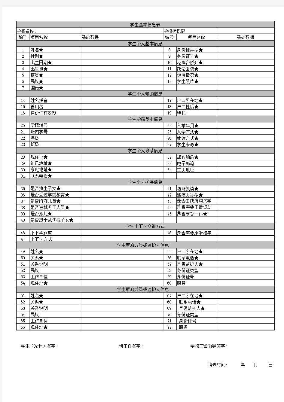 小学生基本信息表