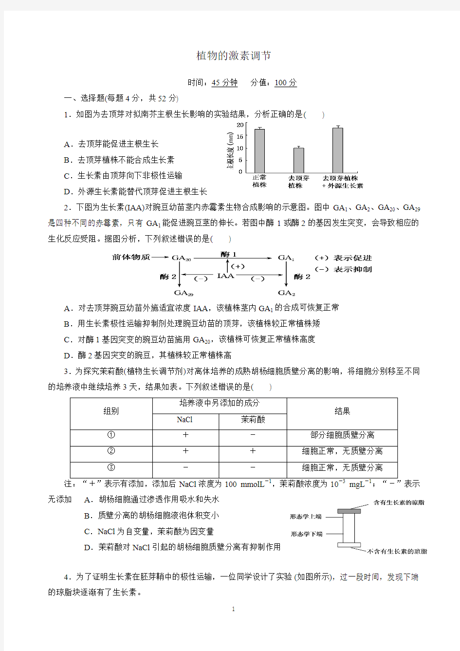 高考生物二轮复习：专题演练：植物的激素调节