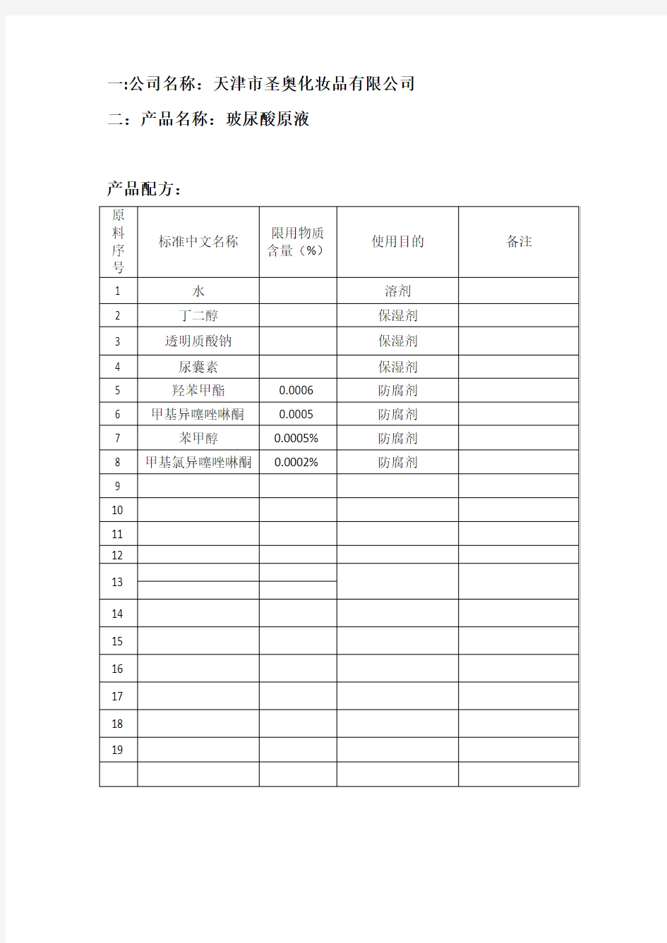 配方表参考模板