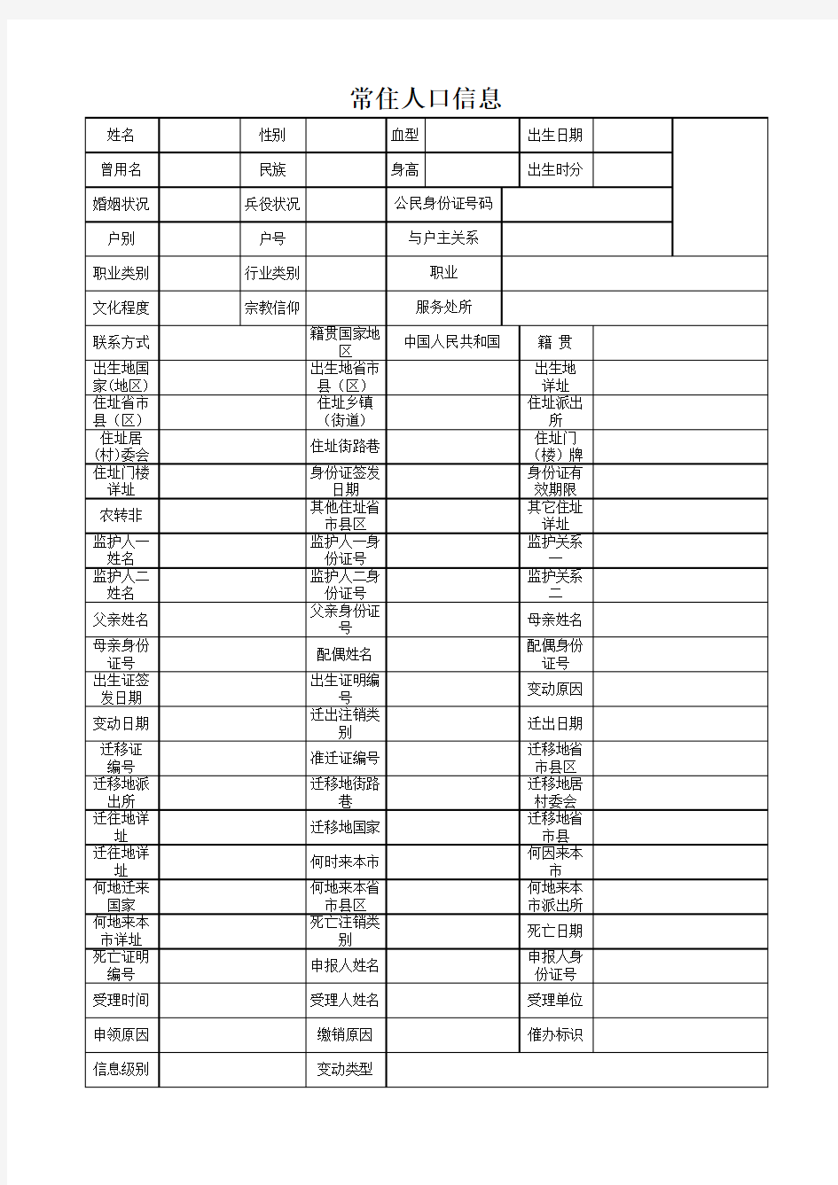 常住人口信息登记表