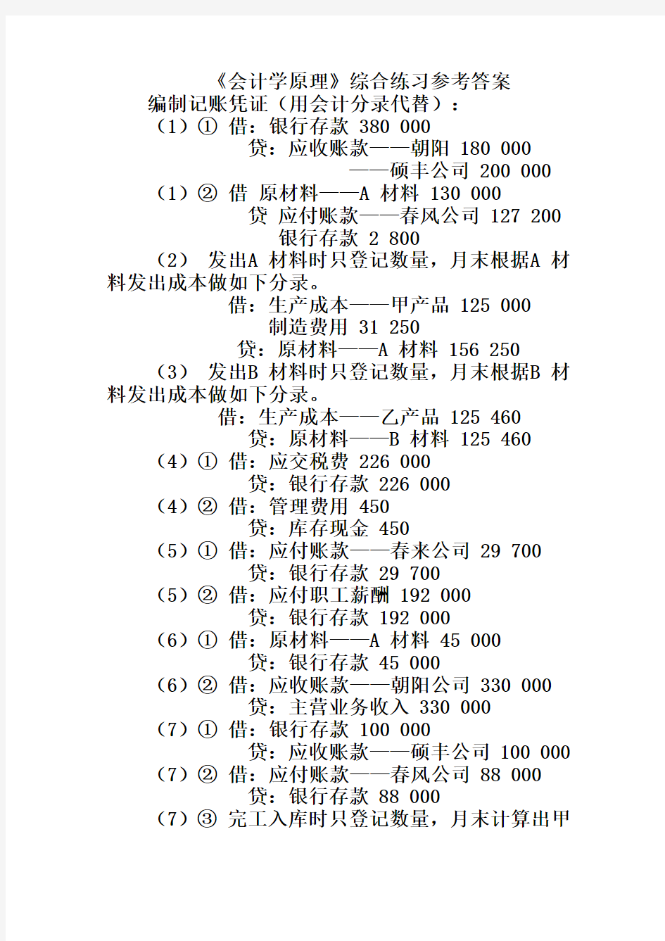 2010级中财学前复习《会计学原理》的综合练习参考答案