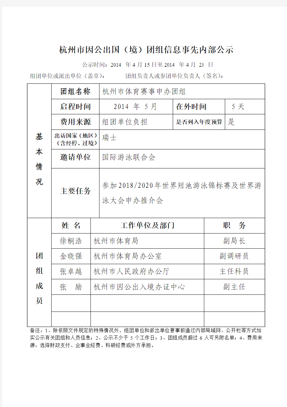 杭州市因公出国(境)团组信息事先内部公示