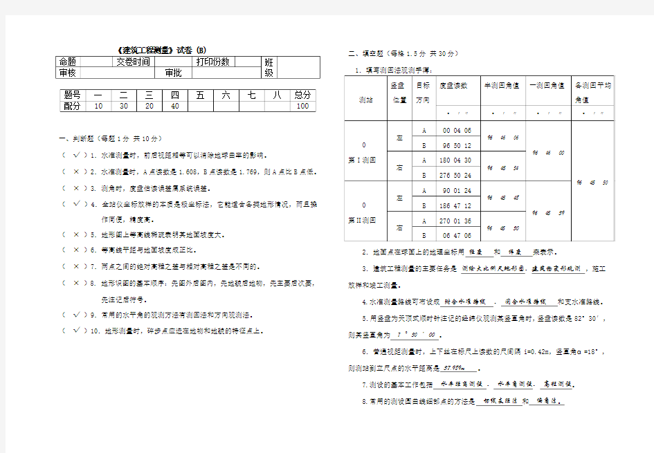 建筑工程测量试卷(B)附答案