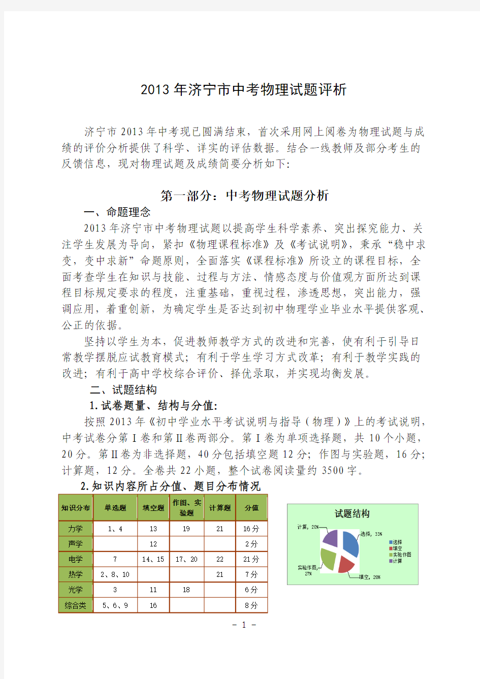 2013年济宁市中考物理试题评析