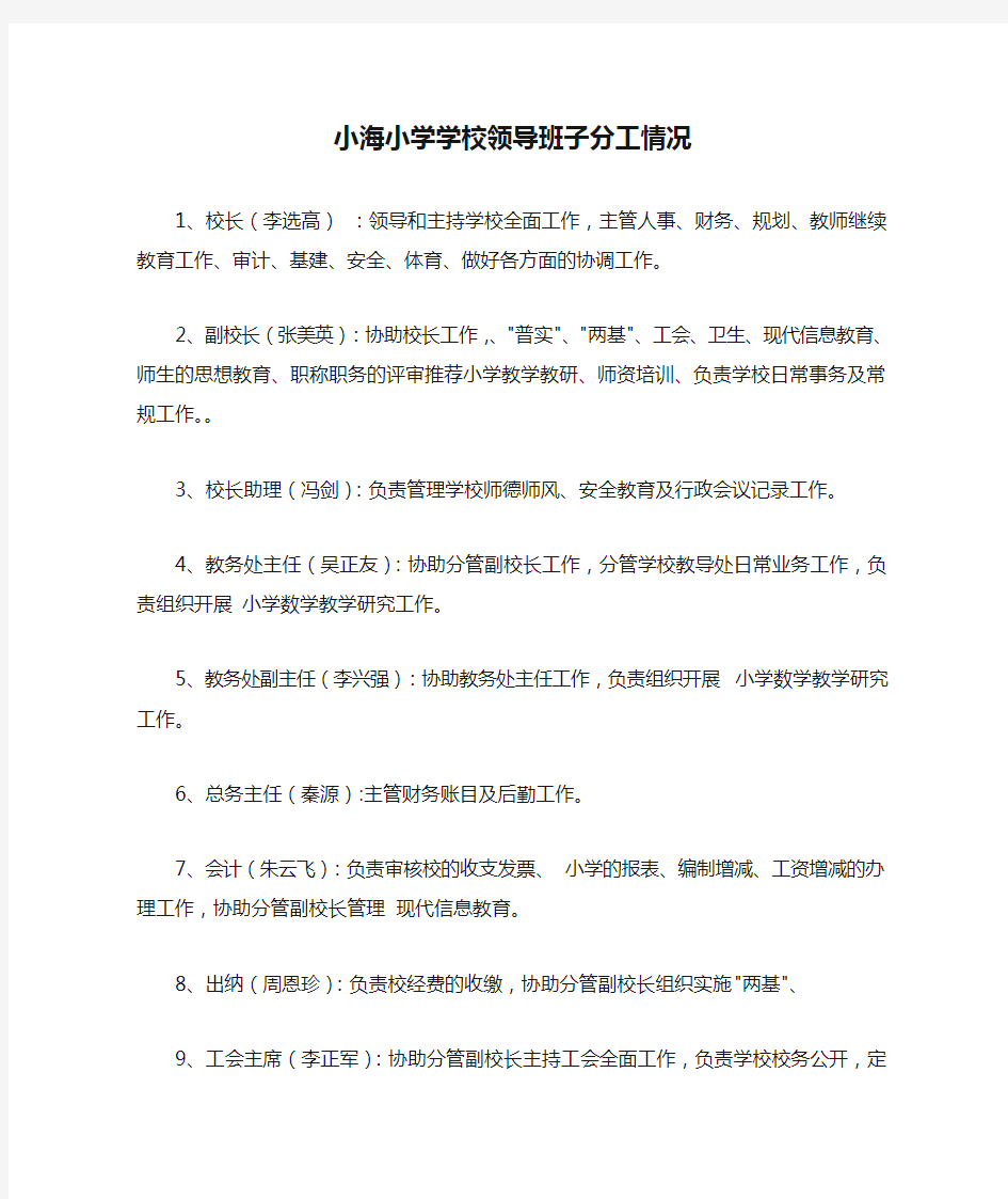 小海小学学校领导班子分工情况